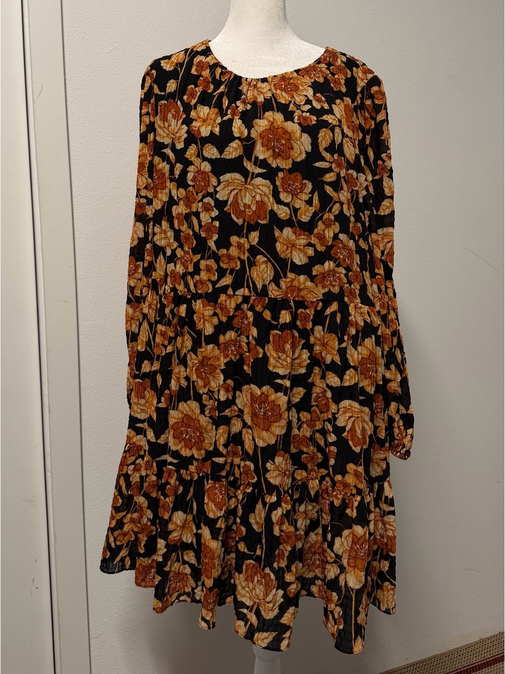 Express XL Floral Mini Dress Black Brown Long Sleeve Tiered Boho Dress